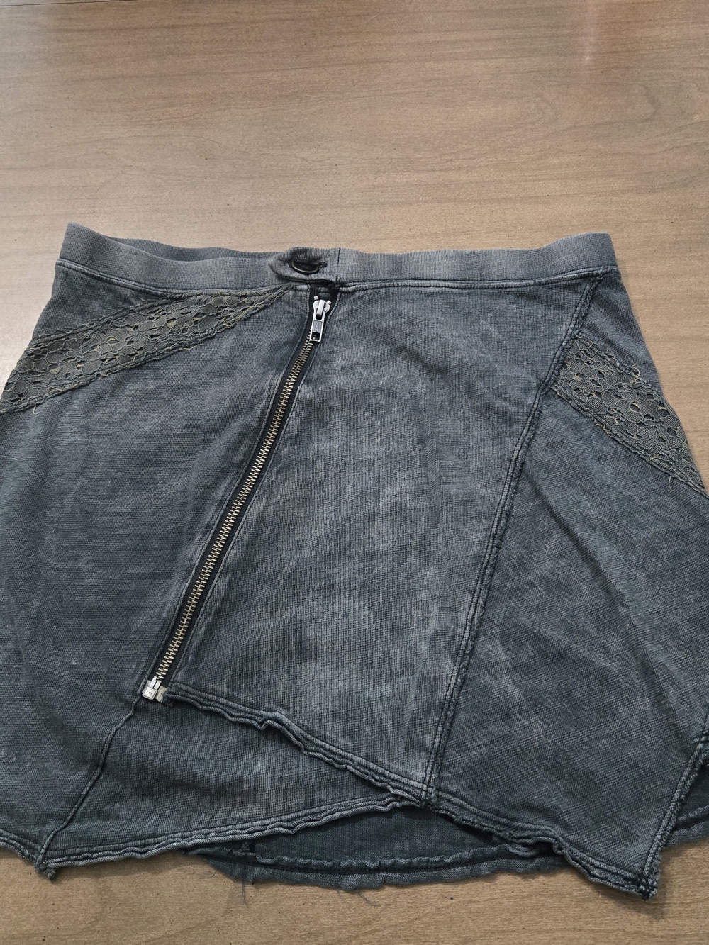 Free People Washed Black Lace-Trim Asymmetrical Mini Skirt